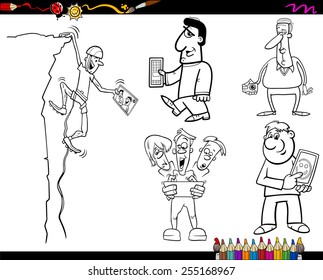 Coloring Book or Page Cartoon Vector Illustration of Funny People with Electronic Devices Set