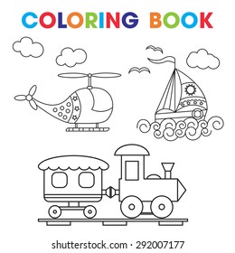 Coloring Book or Page Cartoon Vector Illustration Set of Black and White Transport for Children. vector illustration