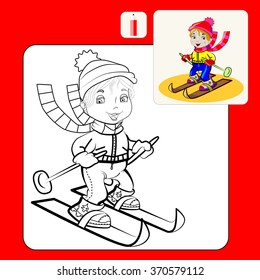Coloring Book or Page Cartoon vector Illustration of cute funny little sports girl on skiing.
 Isolated.Black