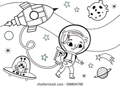 Coloring Book or Page Cartoon Vector Illustration  of Space for Kids.