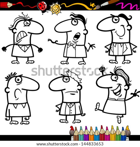 Coloring Book or Page Cartoon Vector Illustration of Black and White Funny People Emotions or Expressions Comic Characters Set for Children