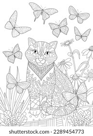 Coloring book page. a cat sitting in a flowering meadow. black and white vector illustration of kitty with flying butterflies