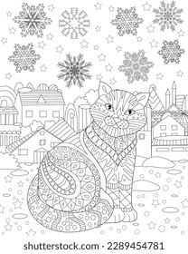 coloring book page. cat sitting in front of a snowing town. outline of a winter cityscape. black and white vector illustration of a cat and falling snowflakes