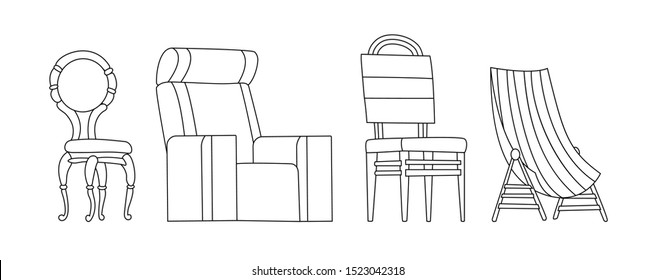 Coloring book page. Chair vector comfortable seat for interior style. Design of modern chair and armchair illustration set of camp bar-chair and folding-chair isolated on white background.