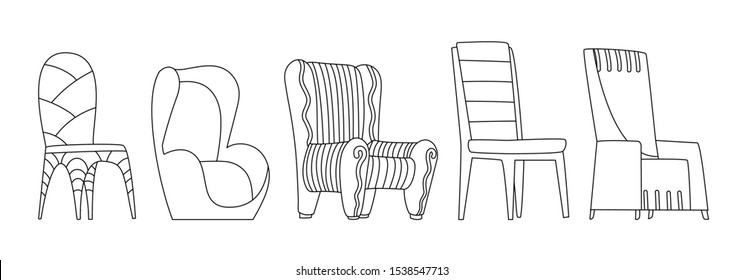 Coloring book page. Chair vector comfortable seat for interior style. Design of modern chair and armchair illustration set of camp bar-chair and folding-chair isolated on white background.