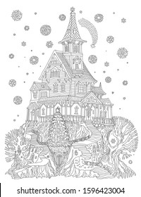 Coloring book page for children and adults, fantasy old tree stump with fairy tale house and fir-tree. Linear contour sketch. Tee-shirt print. New Year and Christmas greeting card, party invitation 