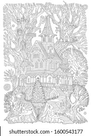 Coloring book page for children and adults, fantasy old tree with fairy tale house and fir-tree. Linear contour sketch. Tee-shirt print. New Year and Christmas greeting card, party invitation 