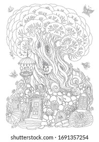 Coloring book page for children and adults, fantasy old tree with fairy tale squirrel house. Line art contour sketch. Tee-shirt print. Quarantine home isolation concept, coffee and tea drinking 