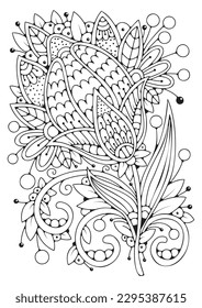 Coloring book page for children and adults. Black and white flowers for drawing.