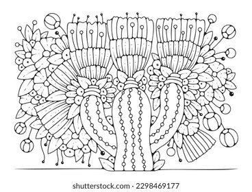 Página del libro de colorear para niños y adultos. Flores negras y blancas para dibujar.