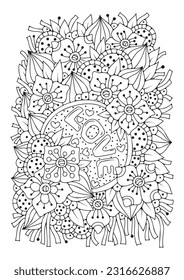 Coloring book page for children and adults. Black and white flowers for drawing.