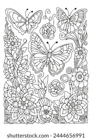 Coloring book page for children and adults. Black and white illustration with flowers and butterflies. Art line. Therapy.