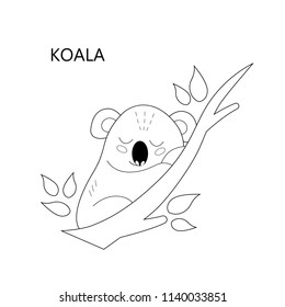 Coloring book page for children. Cartoon sleeping koala. Vector illustration