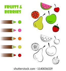 Coloring book page for children. Cartoon fruits and berries. Vector illustration