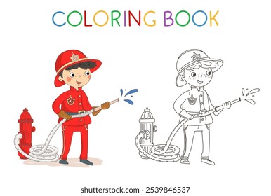 Livro de colorir, página para crianças. Ilustração em desenho animado de um jovem bombeiro. Trabalhadores infantis. Profissional infantil.