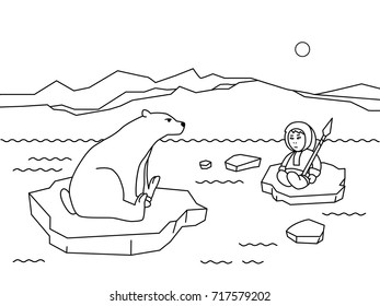 coloring book page for children cartoon polar animals and people. Funny flat character Eskimo, polar bear on the ice floe vector illustration