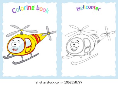 Coloring book page for  children with colorful helicopter  and sketch to color.