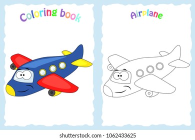 Coloring book page for  children with colorful airplane  and sketch to color.