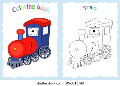 Coloring book page for  children with colorful train  and sketch to color.