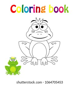 Coloring book page for  children with colorful prince frog  and sketch to color.