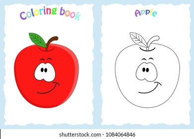 Coloring book page for  children with colorful apple  and sketch to color. Preschool education. Vector illustration. Kids activity.