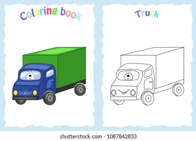 Coloring book page for  children with colorful truck  and sketch to color.