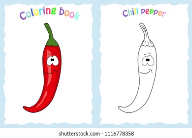 Coloring book page for  children with colorful chili pepper and sketch to color. Preschool education. Vector illustration. Kids activity.