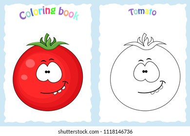 Coloring book page for  children with colorful tomato and sketch to color. Preschool education. Vector illustration. Kids activity.