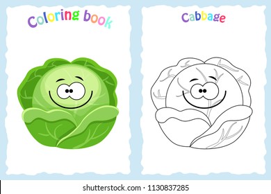 Coloring book page for  children with colorful cabbage  and sketch to color. Preschool education. Vector illustration. Kids activity.