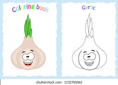 Coloring book page for  children with colorful garlic  and sketch to color. Preschool education. Vector illustration. Kids activity.