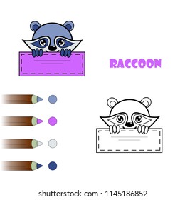 Coloring book page for children with colorful raccoon and sketch to color. Vector illustration