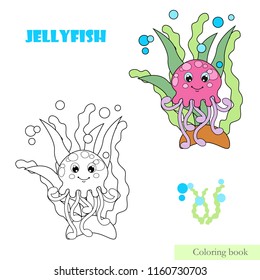 Coloring book page for children with colorful Jellyfish and sketch to color. Vector illustration