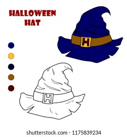Coloring book page for children with colorful Halloween Hat and sketch to color. Vector illustration