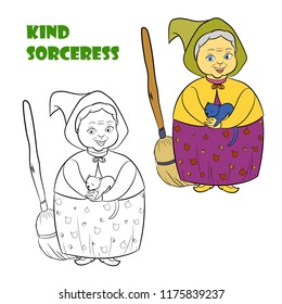 Coloring book page for children with colorful Halloween Witch Sorceress and sketch to color. Vector illustration