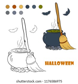 Coloring book page for children with colorful Halloween Boiler Broom Bats and sketch to color. Vector illustration