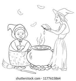 Coloring book page for children with colorful Halloween Witch Sorceress and sketch to color. Vector illustration