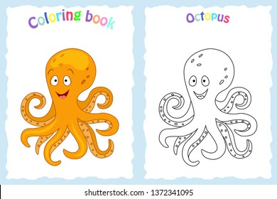 Coloring book page for  children with colorful octopus  and sketch to color. Preschool education. Vector illustration. Kids activity.