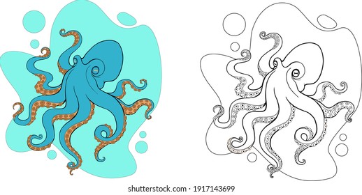 Coloring book page for children with colorful octopus and sketch to color. Hand drawn line sea octopus. Vector illustration isolated. Animal totem for adult Coloring Page