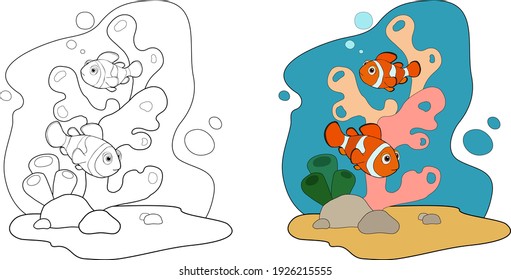 Coloring book page for children with colorful fishes, underwater coral reef and sketch to color. Hand drawn line sea tropical fish. Vector illustration isolated. Animal totem for adult Coloring Page