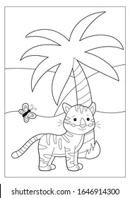 Coloring book or page for children. Cute cartoon kawaii tiger, palm tree and butterfly. Outline illustration. Black and white. Educational game for kids.