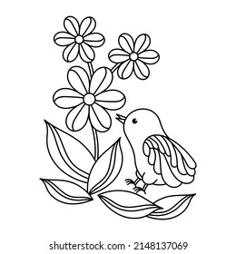 Coloring book page for children. Cute Birds and flowers. Vector illustration.