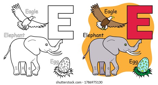 Coloring book page for children. English alphabet. Letter E and images that begin with E