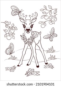Coloring book page for children. Illustration of a little fawn playing in the meadow. Printable sheet for school textbook for children. Internet education. Flat cartoon