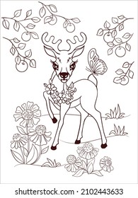 Coloring book page for children. Illustration of a little deer playing in the meadow. Printable sheet for school textbook for children. Internet education. Flat cartoon