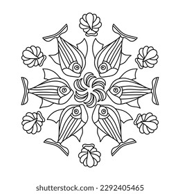 Coloring book page for children. Mandala with fish. Vector design, hand-drawn.