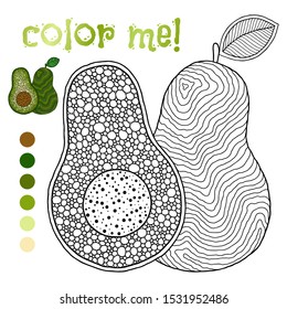 Coloring book page for children with outlines of avocado and a colorful copy of it. Illustration for kids education or adult antistress. Hand-drawn, doodle, zentangle style. Set of illustrations. 