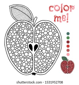 Coloring book page for children with outlines of apple and a colorful copy of it. Illustration for kids education or adult antistress. Hand-drawn, doodle, zentangle style. Set of illustrations.