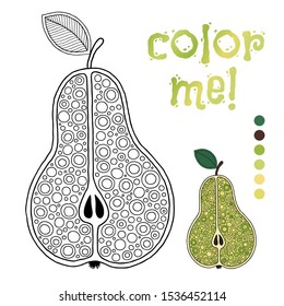 Coloring book page for children with outlines of pear and a colorful copy of it. Illustration for kids education or adult antistress. Hand-drawn, doodle, zentangle style. Set of illustrations. 