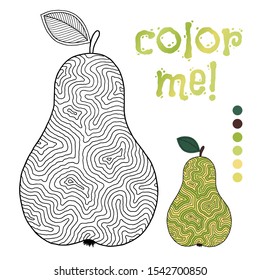 Coloring book page for children with outlines of pear and a colorful copy of it. Illustration for kids education or adult antistress. Hand-drawn, doodle, zentangle style. Set of illustrations. 