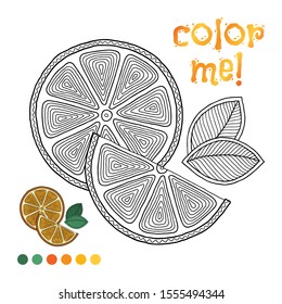 Coloring book page for children with outlines of orange and a colorful copy of it. Illustration for kids education or adult antistress. Hand-drawn, doodle, zentangle style. Set of illustrations. 